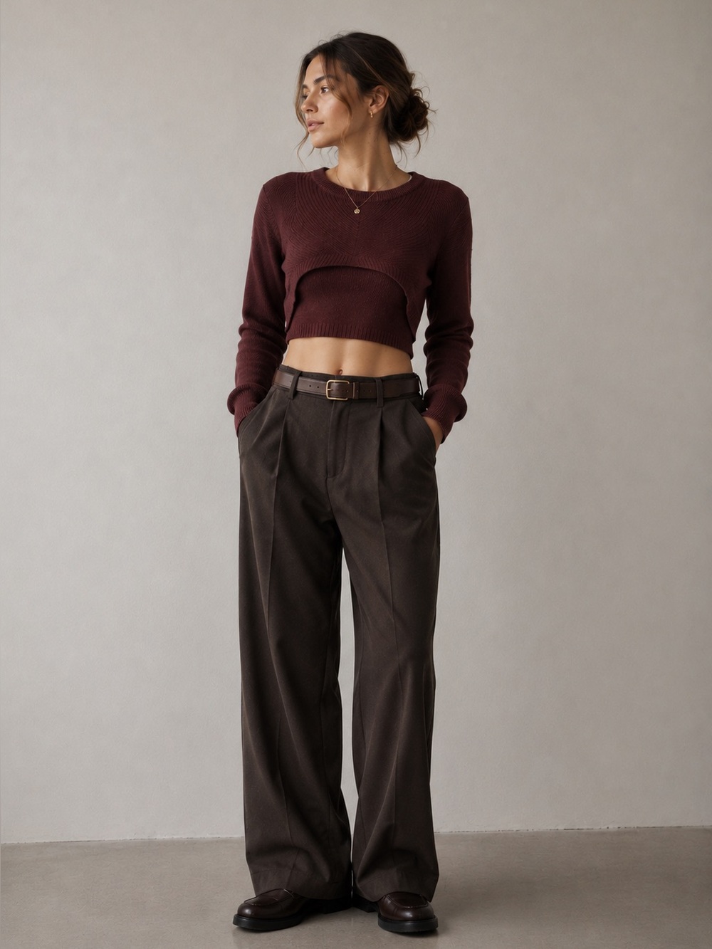 Cropped Long Sleeve Knit Top in Deep Rust